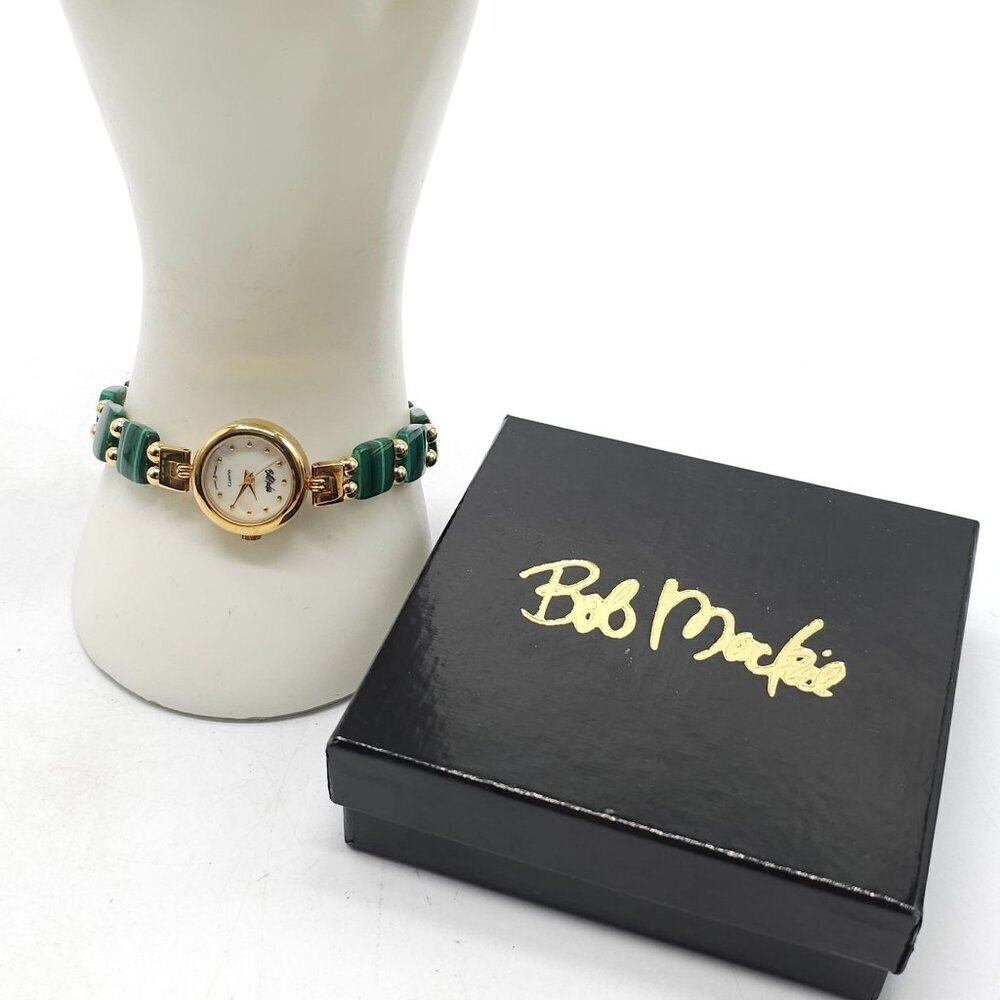Bob Mackie Womens Quartz Watch With Green Malachite Gold-Tone Beaded 8 Inches